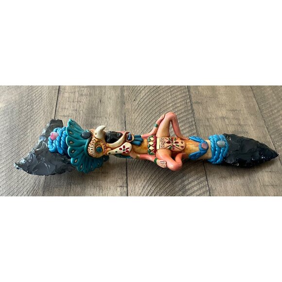 Vintage Mexican  Aztec Warrior Deity Obsidian Sacrifical Axe & Knife Gem Stones - Picture 3 of 9